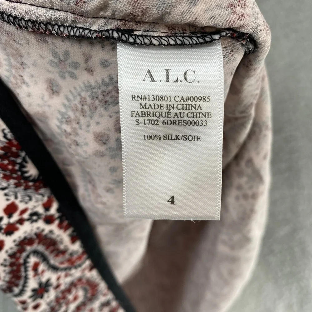 ALC Dress Womens 4 Floral Zip Up 100% Silk Short Sleeve Piping‎ Red Black White